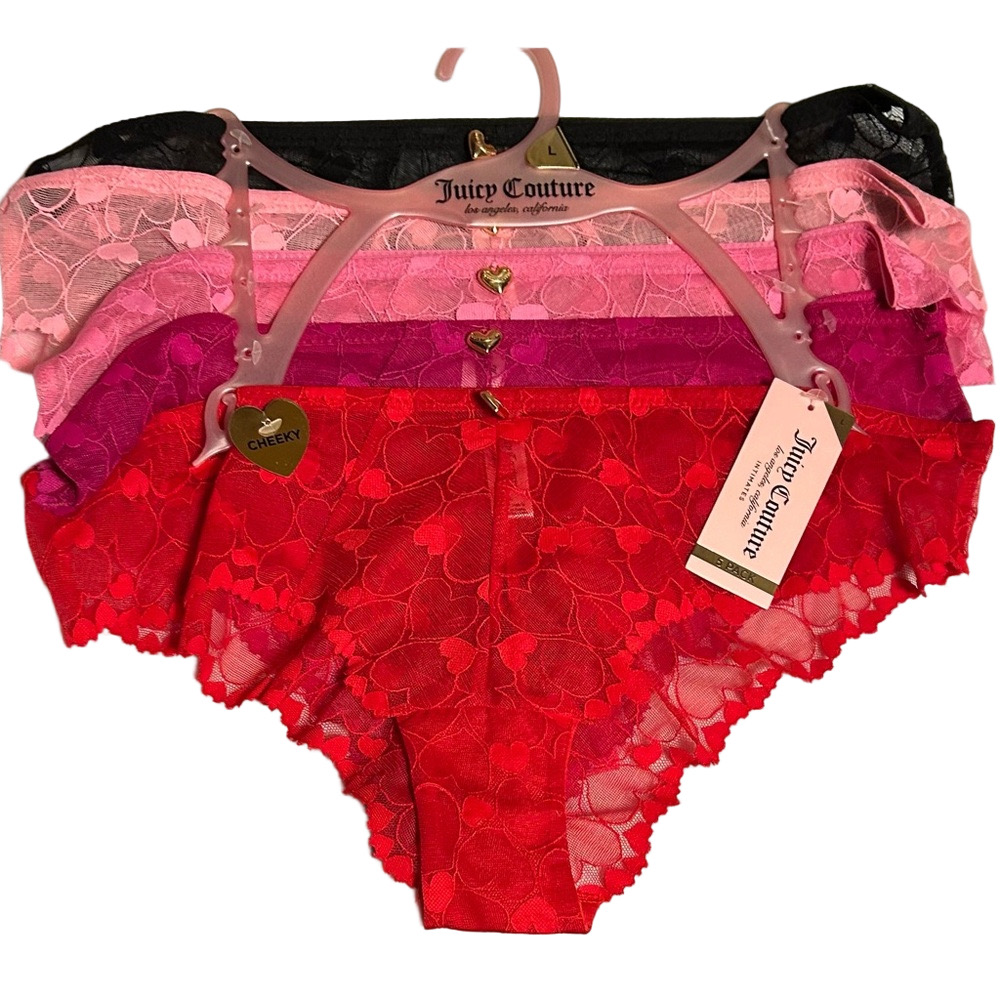 Juicy Couture Woman’s Heart Lace Panties 5 Pack Set - Red, Pink and Black